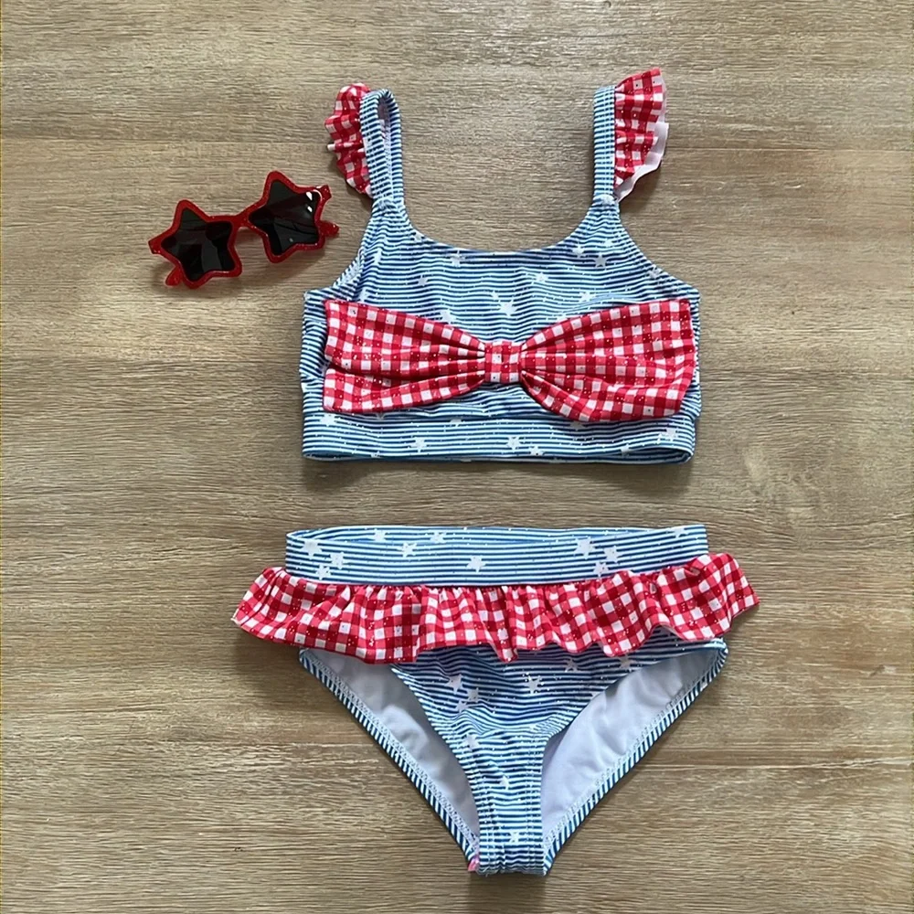 Btween Girls Americana Gingham Stars Sparkle 3 Piece Swim Set 5 Swimsuit